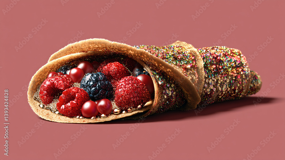 Poster a thin pancake is rolled around a mix of berries, with sparkling sugar flecks visible within.