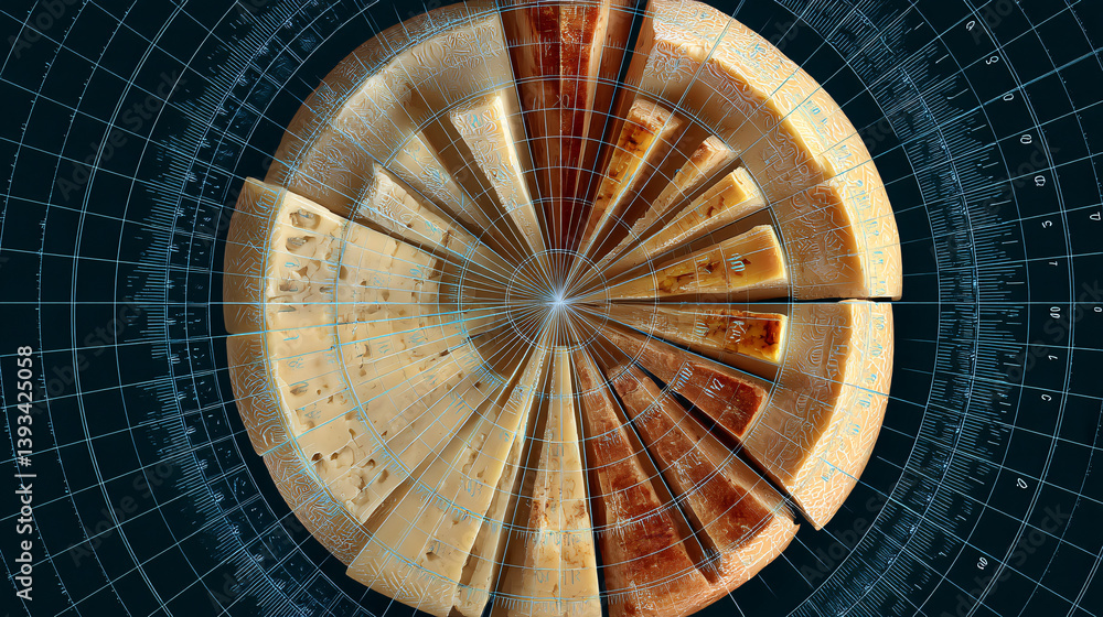 Poster a time-lapse video shows a cheese wheel aging, with each circular segment representing a period of t