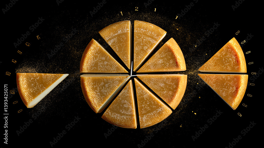 Poster a time-lapse video shows a cheese wheel aging, with each circular segment representing a period of t