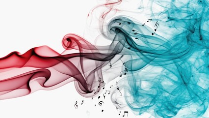 A cloud of red and blue smoke emits musical notes, ideal for representing creative expression or artistic inspiration