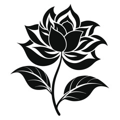 Elegant Black and White Flower with Stem and Leaves Isolated