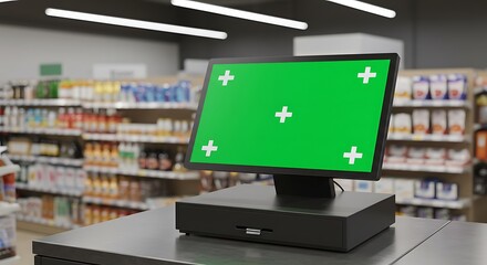 Fototapeta premium Checkout terminal with chroma key screen in supermarket, enhancing shopping experience