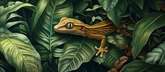 A gecko hiding among the leaves of a plant, its skin blending seamlessly with the foliage. The tropical environment around it is humid, with vibrant
