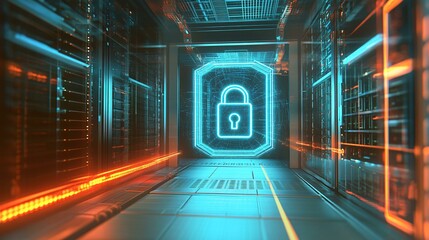 Digital Security Lock Hologram Illuminates Modern Server Room