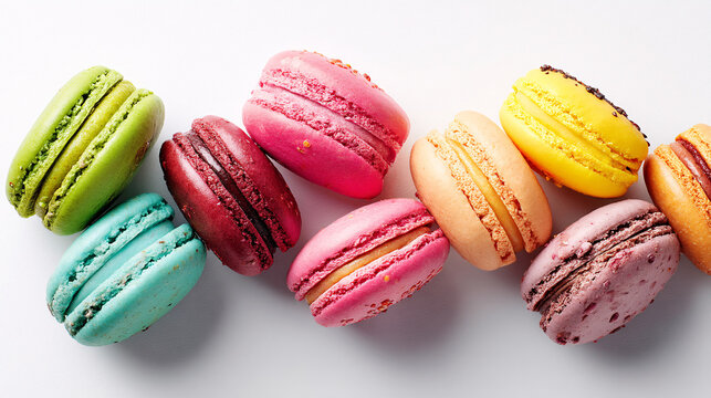 A top-down view of brightly colored macarons spiraled on a white background, typical of French pastry.  