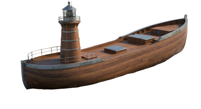 Isolated Detailed Wooden Ship with Lighthouse Structure