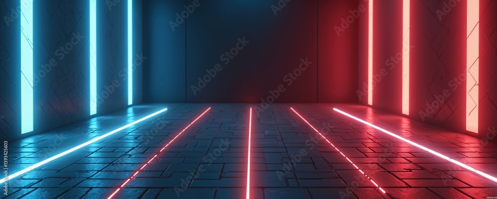Poster futuristic scene with neon blue and red light lines on empty tiled floor. dark cyberpunk atmosphere 