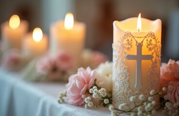 Close-up candle decoration, cross sign, white lace ornaments, pink flowers. Religious Christian baptism, communion ceremony event design. Christening celebration decor.