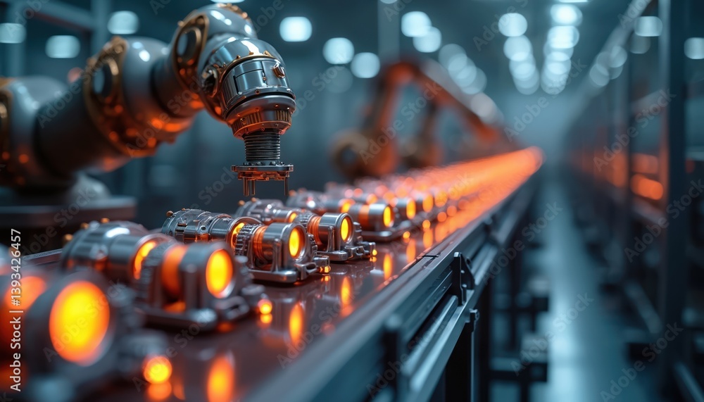 Poster robotic arms assemble production line components. factory automation tech, industrial engineering. l
