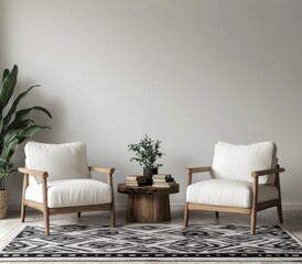 Modern living room, neutral tones, cozy seating