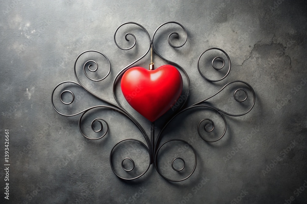 Poster abstract red heart design with intricate black swirls and border a minimalist visual delight
