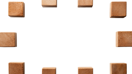 Wooden blocks frame arrangement on black background, cut out transparent
