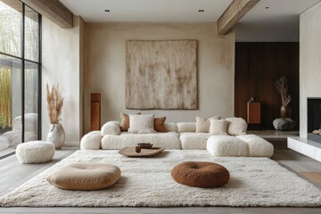 Cozy living area featuring a modern design with soft textures and natural elements for a serene atmosphere
