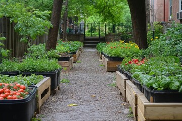 Urban garden pathway lined with raised beds filled with fresh produce