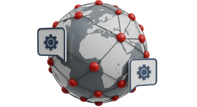 Isolated Networked Globe with Gear Speech Bubbles Signifying Global Settings