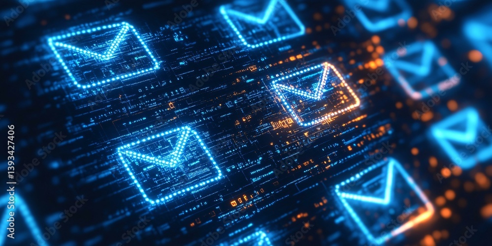Poster glowing email icons against an abstract background signifying digital communication