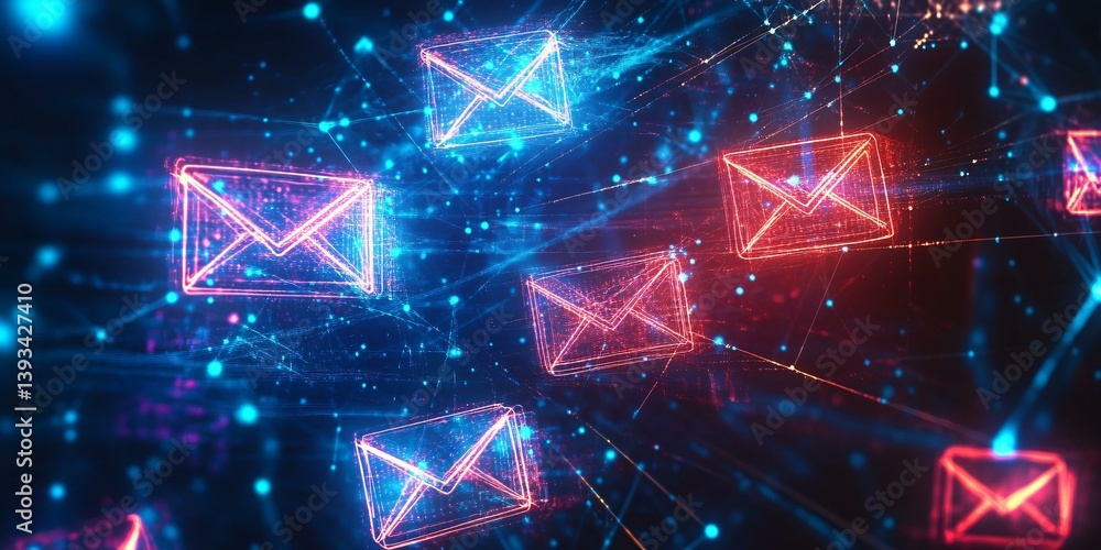 Poster engaging visualization of internet data exchange with luminous email graphics