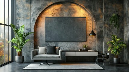 Modern industrial living room with a blank art display