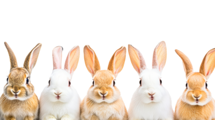 Five rabbits row, front view, different colors, cut out transparent