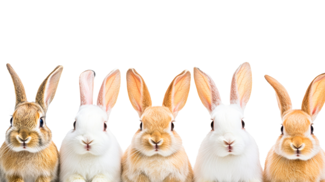 Five rabbits row, front view, different colors, cut out transparent