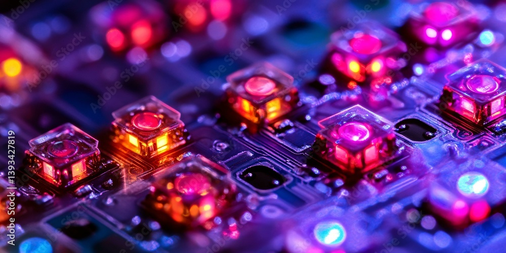 Poster interconnected circuit board showcasing luminous chips and digital networks