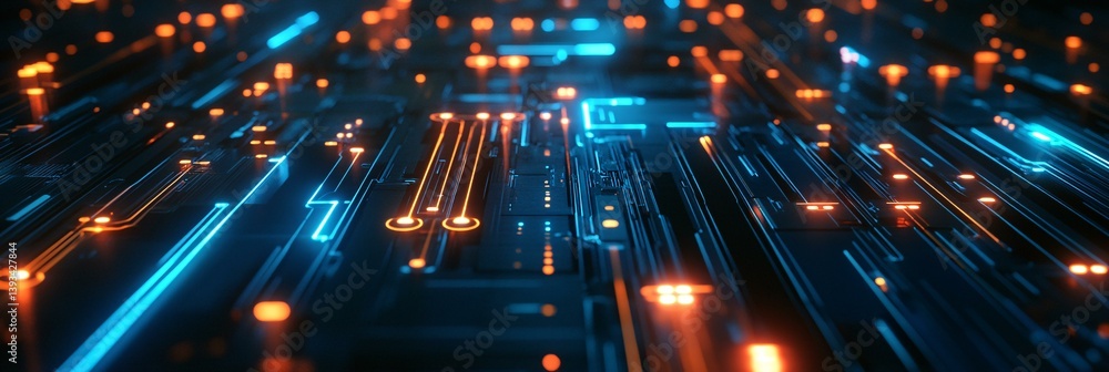 Poster interconnected circuit board showcasing luminous chips and digital networks