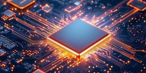 Obraz premium Futuristic Circuit Board Featuring Glowing Chips and Dynamic Connections