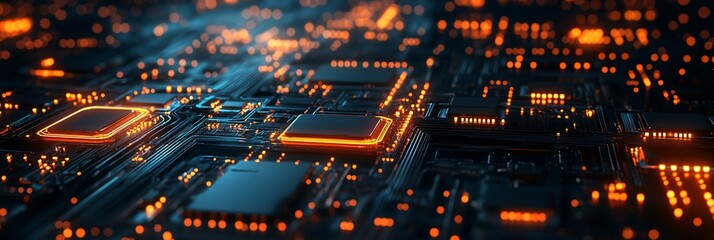 Obraz premium Futuristic Circuit Board Featuring Glowing Chips and Dynamic Connections