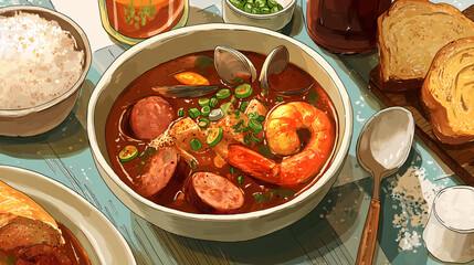 A traditional Louisiana gumbo featuring both andouille sausage and seafood.  