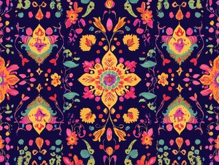 Vibrant Floral Fabric: A symphony of color in a decorative repeat pattern, perfect for adding an artistic touch to any textile project.