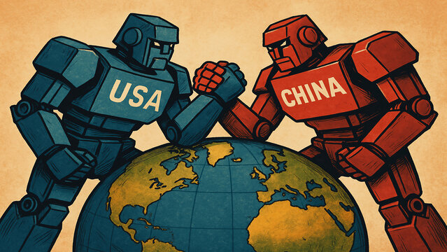 Two giant robots labeled “USA” and “China” locked in a tense arm-wrestling match over a globe
