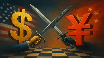A dollar sign and a yuan symbol fencing with swords made of steel and silicon chips.

