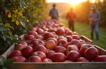 Farmers harvest ripe red apples from trees in orchard. Wooden crates filled with fresh apples. Blurred background features farmers, sunset. Autumn harvest, fruit picking season. Eco farming, organic