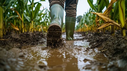 Farmer Strolling Through Muddy Corn Field in Olive Green Boots After Flood
