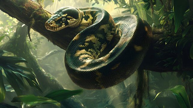 A massive python coiled around a tree branch in a dense jungle, its thick, patterned body blending seamlessly with the surrounding greenery. The soft light
