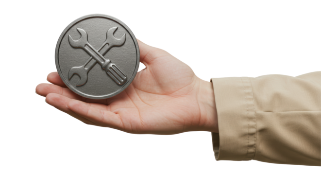 Isolated Hand Holding a Silver Wrench and Screwdriver Emblem