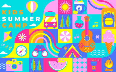 Kids Summer camp bright geometric flyer, card in square tile style, concept with symbols of camping - tent, backpack, compas, guitar, campfire, lots of fun and activity programs. Vector illustration.