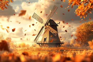 A detailed countryside windmill with wooden planks and rope mechanisms, surrounded by grazing sheep in a lush green pasture under a golden sunset sky.

