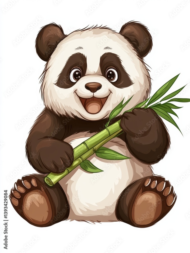 Poster Giant panda enjoys bamboo while sitting happily in a clean, white setting during a serene moment in its natural habitat