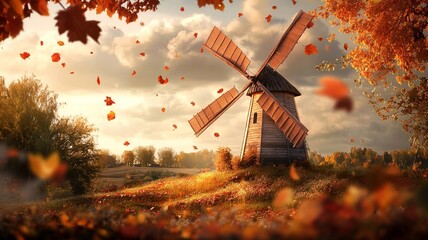 A detailed countryside windmill with wooden planks and rope mechanisms, surrounded by grazing sheep in a lush green pasture under a golden sunset sky.

