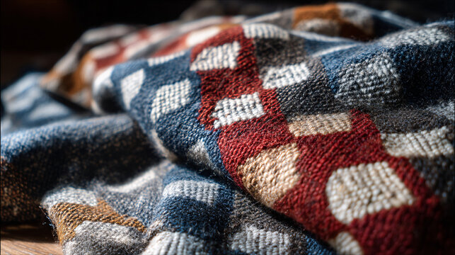 A traditionally crafted blanket made of wool, featuring a pattern created with natural dyes.  