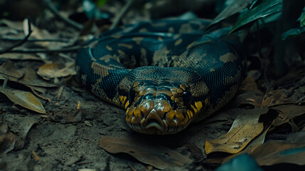 A python lying still on the jungle floor, its body camouflaged against the leaves and dirt. The surrounding environment is quiet, with only the occasional rustling of leaves breaking the silence