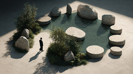 A tranquil garden that floats and rearranges its stones based on a persons mental state.  