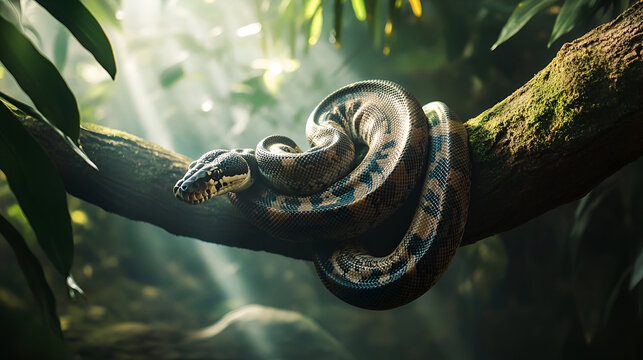 A python resting coiled around a tree branch, its eyes half-closed in a relaxed position. The forest around it is dense, with soft rays of