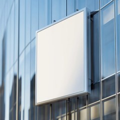 A blank, square sign with a light frame mounted on a modern building with a reflective glass facade. Ready for advertising or branding.