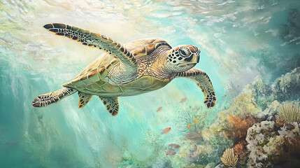 Fototapeta premium A sea turtle gliding gracefully through the clear, warm ocean water, its greenish shell reflecting the sunlight. The coral reef below teems with vibrant marine