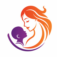 Orange Glow - Radiant Mom and Child Silhouette, Mother's Day logo vector.