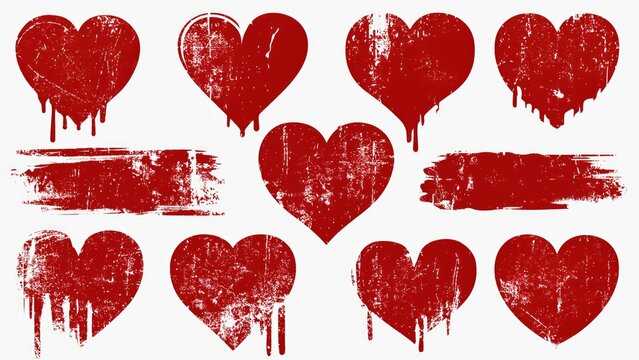 A set of distressed hearts with paint drips, great for artistic or edgy designs