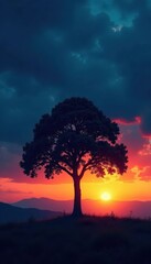 Fototapeta premium Single tree against a dark blue sky at sunset, night, solitary, trees