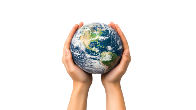 Earth in hands, planet care concept illustration, cut out transparent